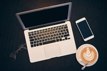 Aufkleber - Laptop, coffee and above with phone on desk for online networking, research and morning beverage. Technology, caffeine and mug with warm drink in restaurant for business, internet or freelance career