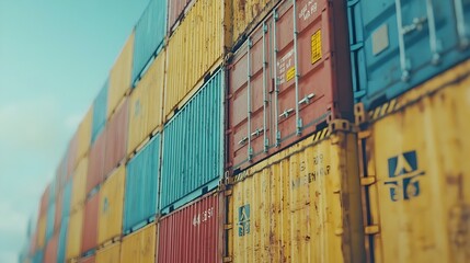 Fototapete - Close up view of stacked shipping containers with various international trade labels and markings highlighting the interconnected global logistics and transport industry