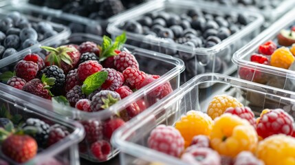 Wall Mural - Frozen raspberries and blackberries in plastic containers inside refrigerator.