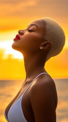 Poster - Serene woman with short blonde hair enjoys a vibrant sunset by the ocean, AI