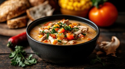 A delicious bowl of chicken and vegetable soup loaded with carrots, tomatoes, and parsley. Garnished beautifully, it sits on a rustic wooden table backdrop.