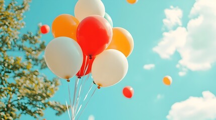 Poster - Colorful helium balloons drifting and becoming entangled in the branches of a tree creating a whimsical and enchanting scene against a serene tranquil sky background