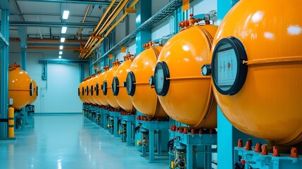 Poster - Commercial building s utility room interior with lineup of large water tanks and plumbing equipment for industrial facility management and storage