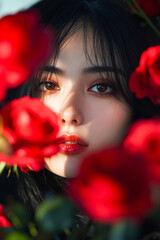 Wall Mural - A woman with long black hair and red roses in front of her face