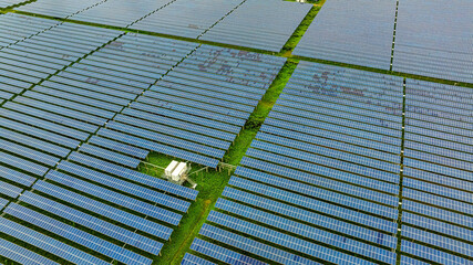 Solar cell or Solar Panel Modern technology for energy revolution, Alternative power source to saving environment, Photovoltaic module blue color tone. Dau Tieng lake, Tay Ninh, Vietnam