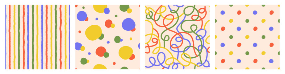 Wall Mural - colorful seamless pattern set of hand drawn curved checkered lines, strip and polka dots. trendy des