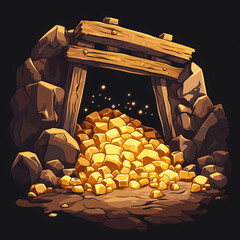 Gold Mine with Treasure and Coins – Cartoon Illustration for Flex Printing and Graphics Ads