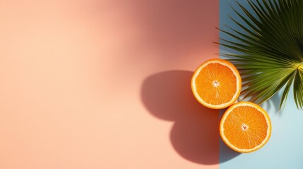 A vibrant image featuring two orange halves casting shadows on a split pastel background with a green palm leaf, embodying freshness and tropical vibes.