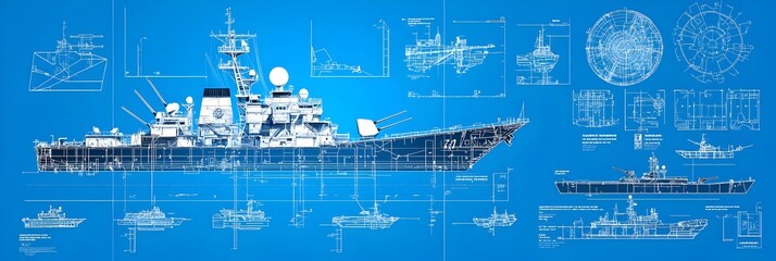Poster - Detailed Blueprint Style Schematics Showcasing the Technical Designs and Specifications of Various Military Warships Tanks and Other Vehicles