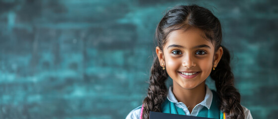 young girl in school uniform proudly holds her diploma, smiling brightly against textured background. Her joyful expression reflects achievement and pride