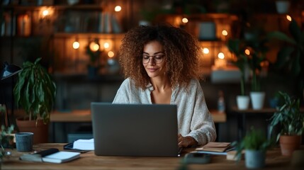 A woman with glasses focuses on her laptop in a plant-filled workspace, showing productivity and connection in a natural, inspiring environment.