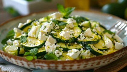 Wall Mural - Fresh Zucchini and Feta Salad with Mint Top View. Minty-Fresh Zucchini Salad with Marinated Feta