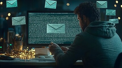 Poster - Digital screen displaying an open phishing email revealing sensitive information and highlighting the risks of cyber threats and the importance of digital security measures