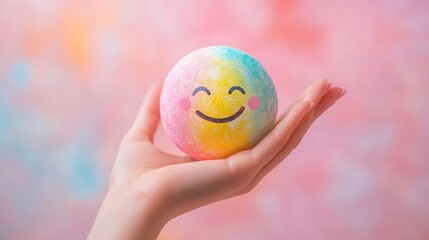 Poster - Closeup of a woman's hand gently holding a vibrant smiling sphere symbolizing positive thinking and mental wellness set against a soft pastel background for World Mental Health Day