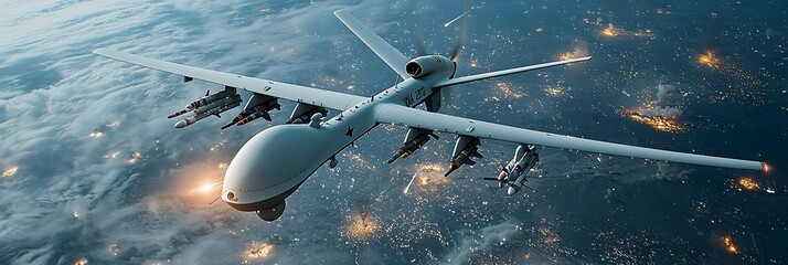 Aufkleber - Drones Equipped with Guided Missiles Soaring Over Rugged Battlefield Terrain in a Tactical Military