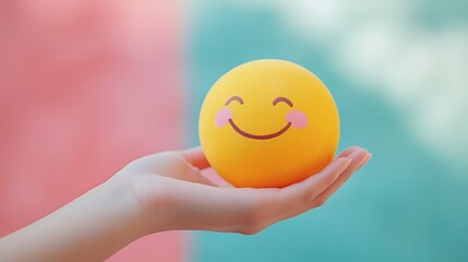 Poster - Closeup of a woman's hand gently holding a vibrant smiling sphere symbolizing positive thinking and mental wellness set against a soft pastel background for World Mental Health Day