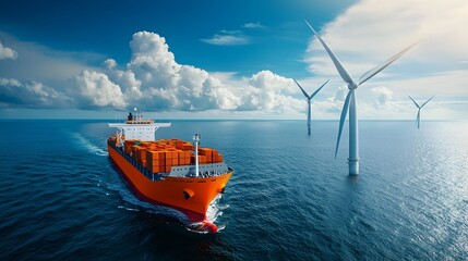 Aufkleber - Eco friendly cargo ship utilizing renewable energy sources docked in a sustainable seaport showcasing advancements in maritime transportation and logistics towards a greener future
