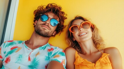 A trendy young couple gleefully posing with colorful sunglasses on, dressed in casual summer attire, standing against a vivid yellow wall, radiating youthfulness.