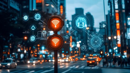 Poster - Efficient Network of Smart Streetlights Powered by IoT Sensors for Optimized Urban Energy Management and Sustainability  The image depicts a connected