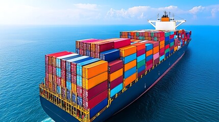 Poster - Empty Container Ship Being Loaded for the Next International Shipment in a Busy Maritime Port Terminal with Cityscape in the Background
