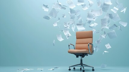 Poster - Empty office chair surrounded by floating documents representing the concept of remote work and increased productivity in a digital paperless workspace