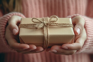 A top view of male and female hands holding a red gift box with golden ribbon on top of a pink background. This would make a great present for birthdays, valentine's days, Christmases, and New Years.