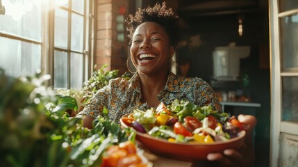 A woman with a bright smile holds a colorful bowl of salad, basking in the warm natural light coming through a window, surrounded by lush greenery indoors.