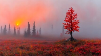 Poster - Ethereal sunrise beams filtering through a foggy enchanting forest landscape offering a sense of hope and new beginnings as the uncertainty of the mist gives way to the warm