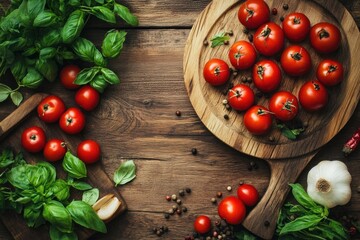 Wall Mural - Fresh tomatoes and basil resting on rustic kitchen table