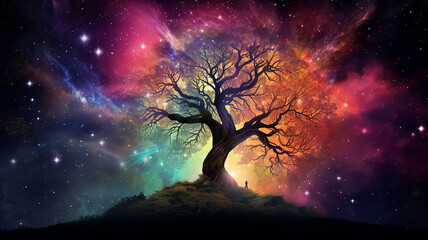 Wall Mural - fairytale illustration of the tree of life of the universe, the image of a large old tree against the background of space and the dark sky among the stars and galaxies