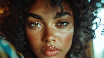 A graceful close-up of a woman with curly hair and a serene expression. Her luminous skin and piercing eyes highlight her natural charm and allure.