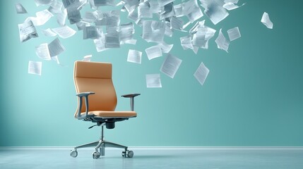Aufkleber - Floating Documents Surrounding Empty Office Chair Concept for Remote Work Productivity