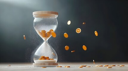 Aufkleber - Hourglass with Coins Flowing Instead of Sand Symbolizing Time as Money Management Concept for Finance Wealth and Business Success