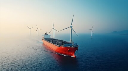 Poster - Innovative eco friendly cargo ship utilizing alternative energy sources like solar or wind power docked in a modern sustainable port facility