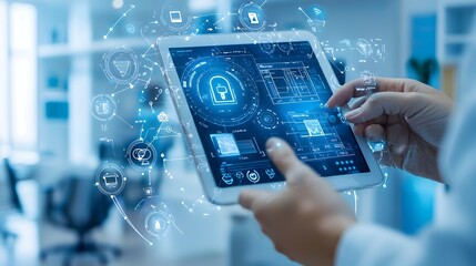 Fototapete - Innovative IoT security sensors monitoring and controlling access points in a modern efficient smart office setting to enhance data protection