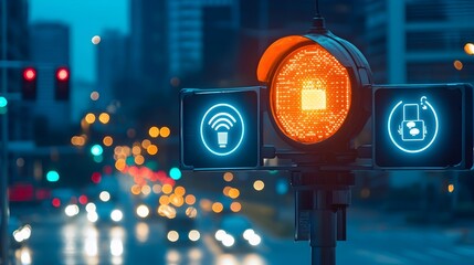 Leinwandbilder - Innovative network of smart streetlights controlled via IoT sensors enabling energy efficient lighting and optimized urban infrastructure management for sustainable modern cities