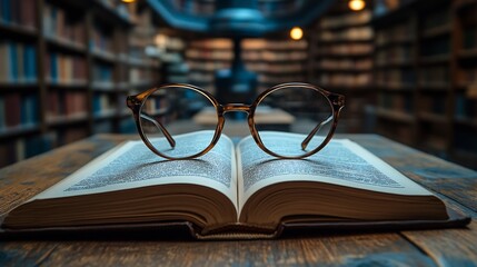 Poster - Closeup view of an open textbook with a pair of reading glasses placed beside it set on a rustic wooden table with a blurred library backdrop that adds a scholarly vibe allowing space for text
