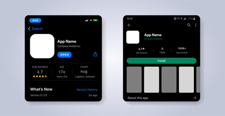 play market interface. app listing template. store for mobile application mock-up. apps page profile