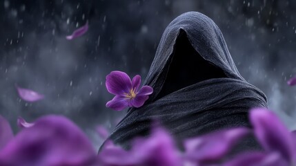 Sticker -  A person in a hooded jacket holds a flower amidst a rain-soaked field of purple blooms