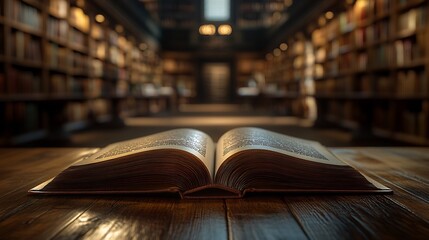 Poster - Closeup 3D view of an open book on a wooden table in a quiet library with softly blurred bookshelves in the background celebrating the knowledge and calm atmosphere of World Book Day
