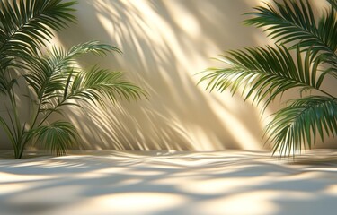 Poster - Nude Studio Minimal showcase 3D render advertisement with natural tree leaf shadows on a pastel beige background. Nature product promotion beauty cosmetics.