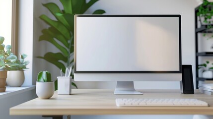 Company office interior with mockup pc monitor. Computer display on employee desk template advertising image. Business digital technology screen mock up product photorealistic