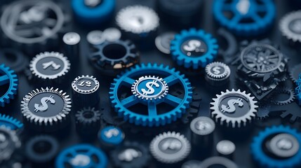 Poster - Interlocking gears with currency symbols representing the complex interplay of financial mechanisms and economic processes that drive modern commerce and investment