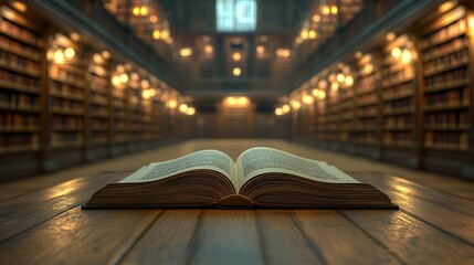 Poster - Closeup 3D view of an open book on a wooden table in a quiet library with softly blurred bookshelves in the background celebrating the knowledge and calm atmosphere of World Book Day