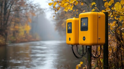 Leinwandbilder - IoT based flood sensors installed along a riverbank to continuously monitor water levels and provide real time data for environmental protection and disaster prevention