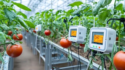 Aufkleber - IoT powered humidity sensors installed inside a modern greenhouse enabling precise climate monitoring and environmental control for optimized agricultural cultivation and management
