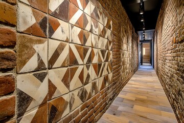 Aufkleber - Narrow corridor with rustic brick walls and geometric tiled wall design