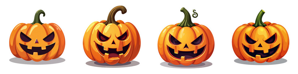 collection of 4 jack-o-lantern pumpkins. Set of cute halloween characters isolated PNG with no background in cartoon style