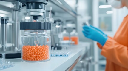 Poster - Magnetic beads used for DNA extraction and analysis in a science laboratory setting  The transparent liquid and glass equipment suggest a biotechnology or genetics research environment