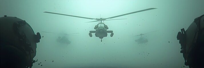Aufkleber - Low flying combat helicopters swiftly navigate the forested terrain poised for a tactical military in a rugged action packed scene
